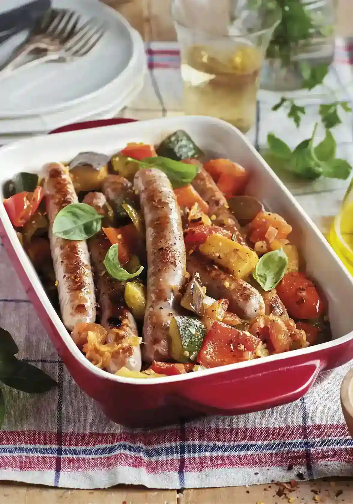 Salchichas Asadas con Verduras al Horno