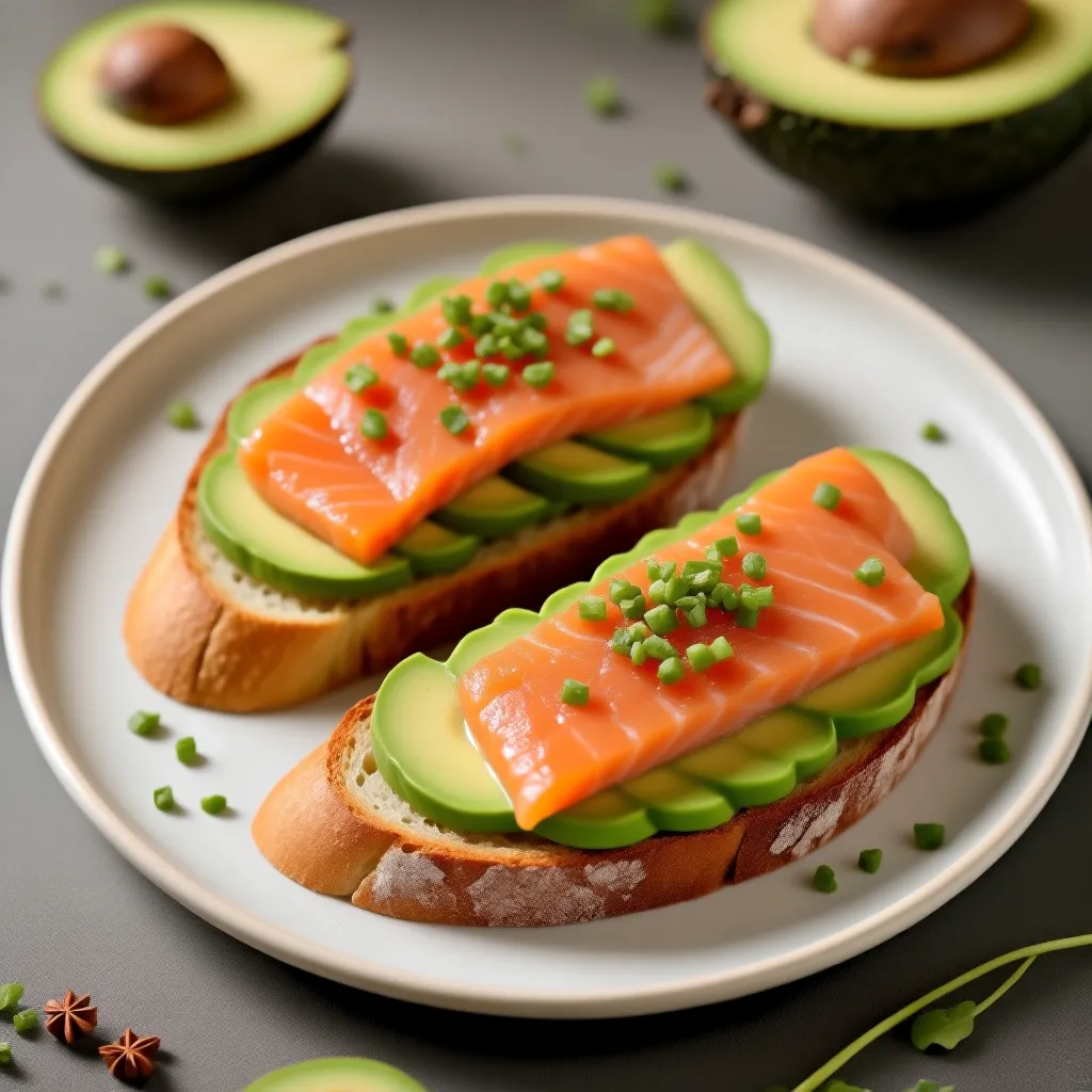 Avokado og røkt laks bruschetta
