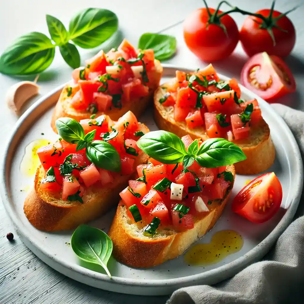 Italiensk bruschetta med tomat og basilikum