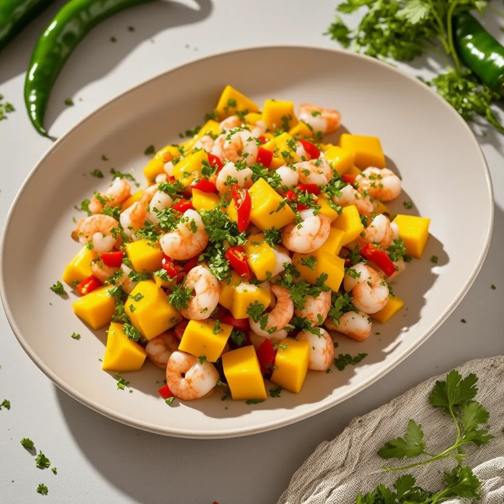 Ceviche de Camarones con Mango y Picante Tostado