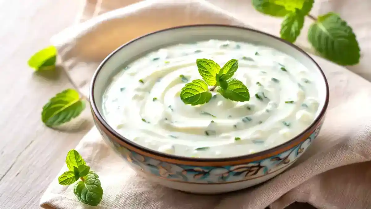 Kremet gresk yoghurtdip med agurk og fersk mynte