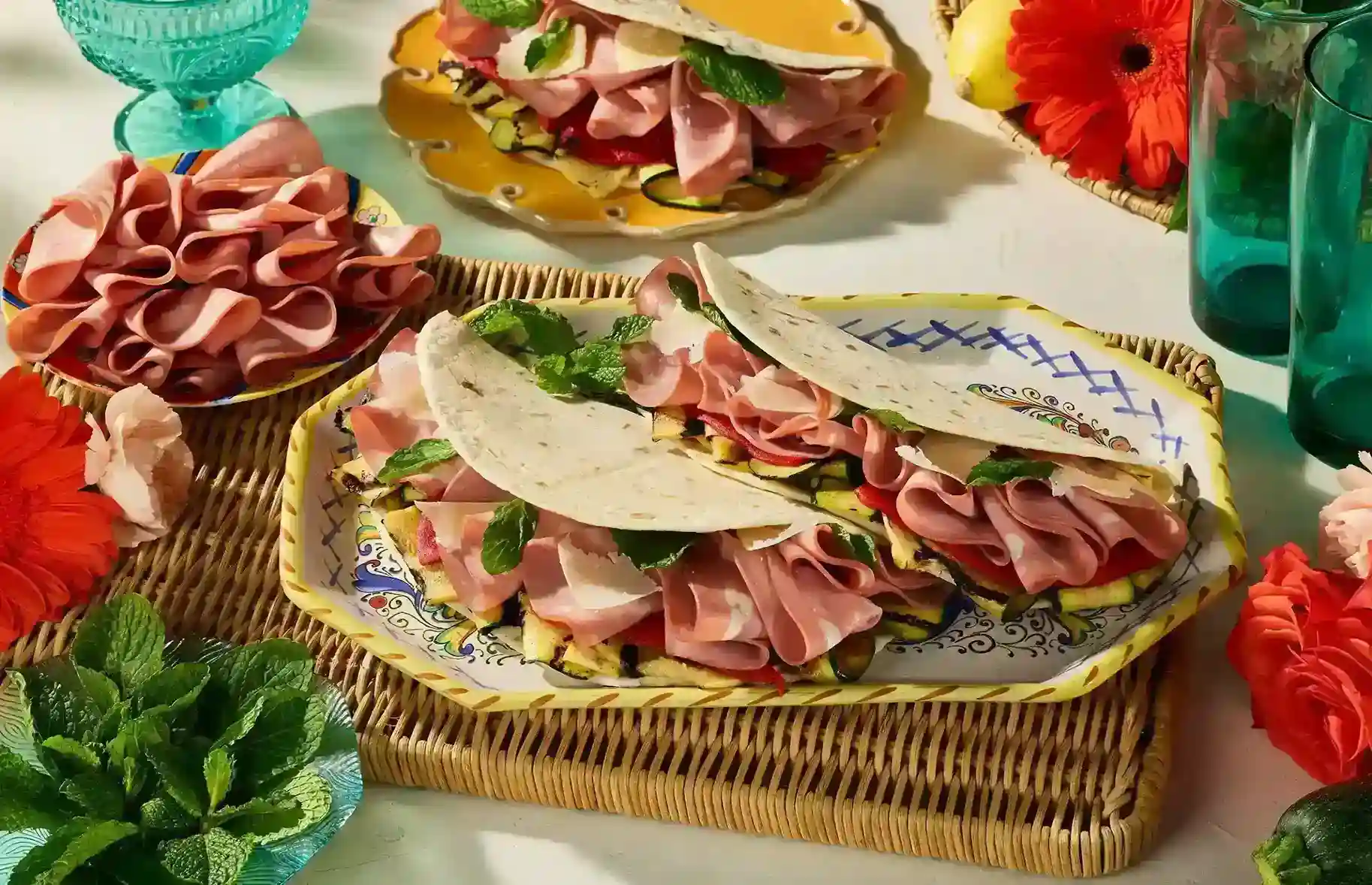Piadina italiana con mortadela y rúcula